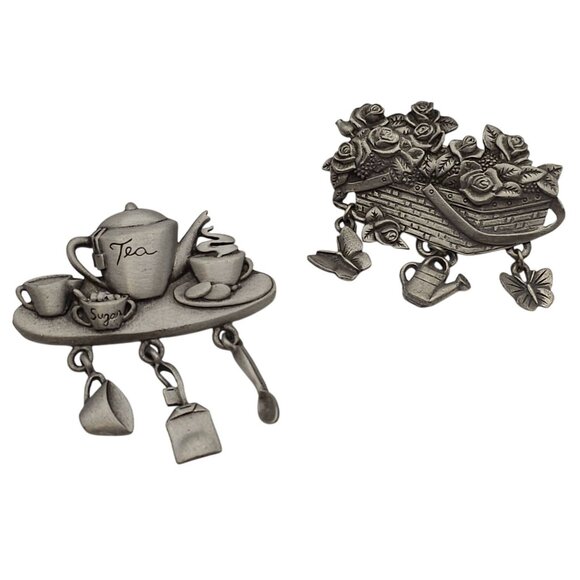 JJ Jewelry - Vtg Brooch Pin Set of 2 Tea & Garden Theme Dangle Butterflies Basket Picnic